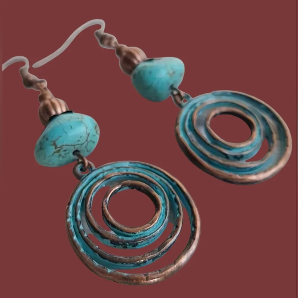 Turquoise Blue Copper Spiral Drop Earrings #407 - Picture 3 of 4